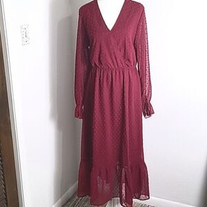 BTFBM Burgundy Dotted Swiss Maxi-Dress with Ruffled Hemline, Size Medium